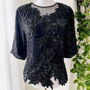 Vintage JRT James River Traders 100% Silk Black Jeweled Floral Evening Blouse Lg